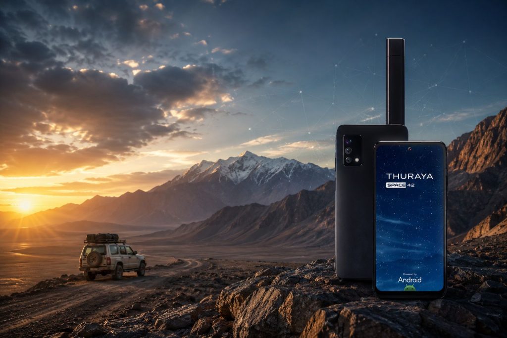 Thuraya PrePaid Thuraya satellite phone in the mountains with an off-road vehicle at sunset