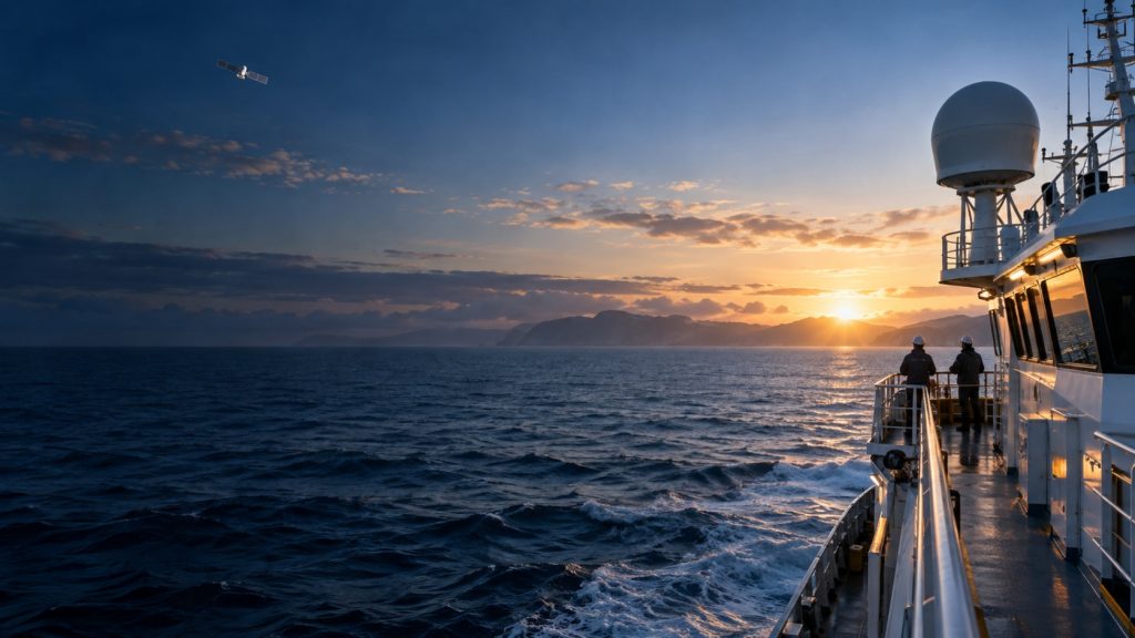 Ship at sea with a VSAT antenna dome for pay-as-you-go satellite data