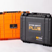 Star-Batt Plus battery system for Starlink Mini in Orange, shown next to the Black version