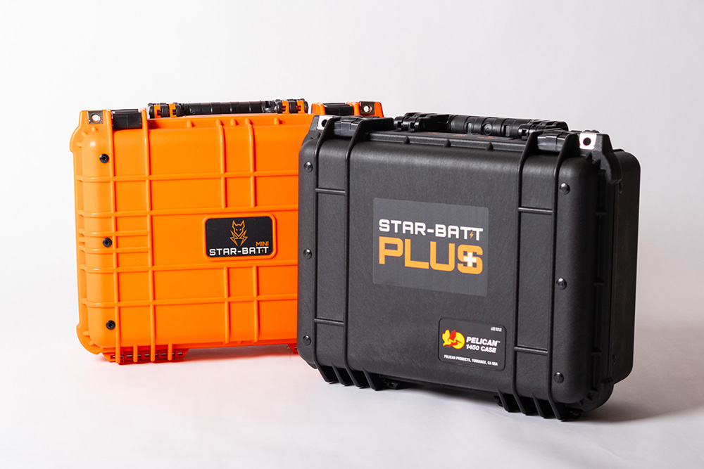 Star-Batt Plus battery system for Starlink Mini in Orange, shown next to the Black version